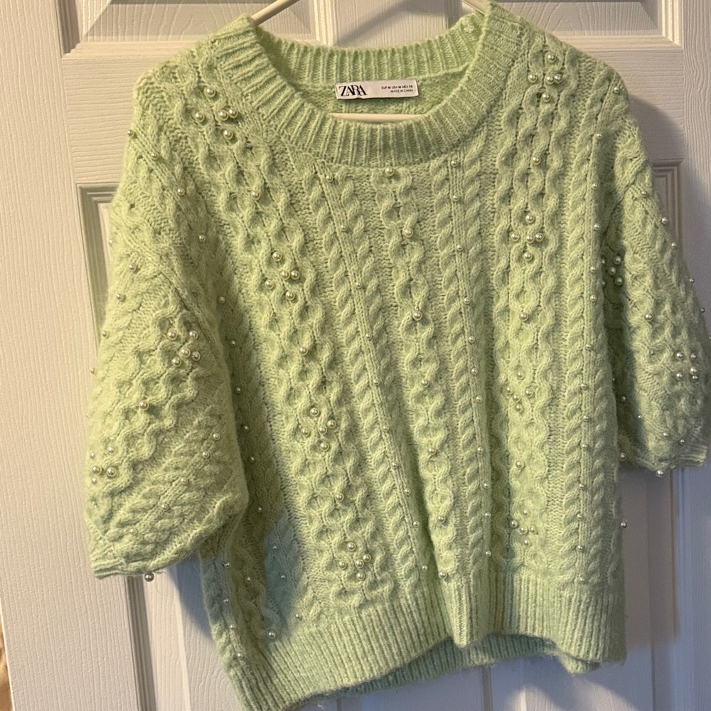 Zara Light Green Embellished Knit Sweater
